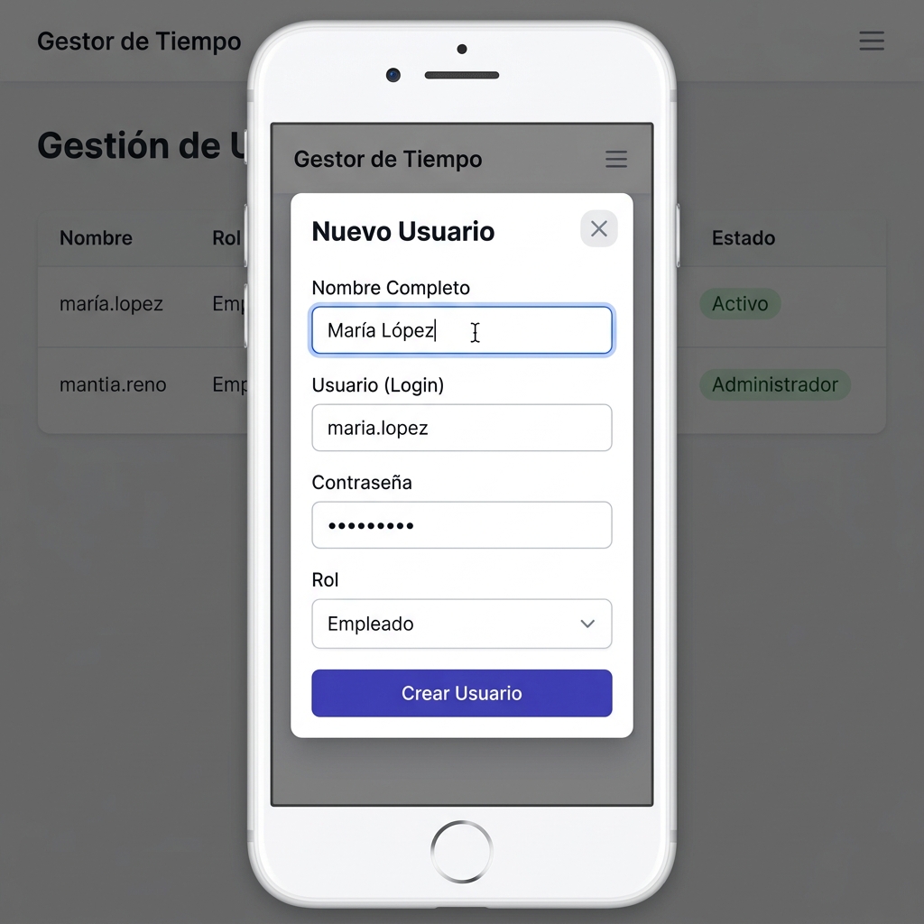Modal de creación de nuevo usuario con campos de nombre, usuario, contraseña y rol